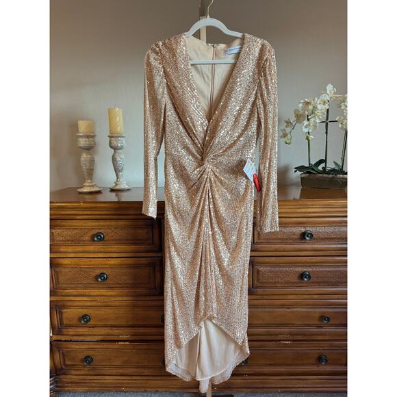 Mac Duggal Ieena Sequin Knotted Midi Dress Rose Gold Size 8 NWT - Picture 5 of 11